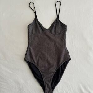 Topshop Womens Black Sparkle Bodysuit V-Neck One-Piece Tank Top Stretch Size 6